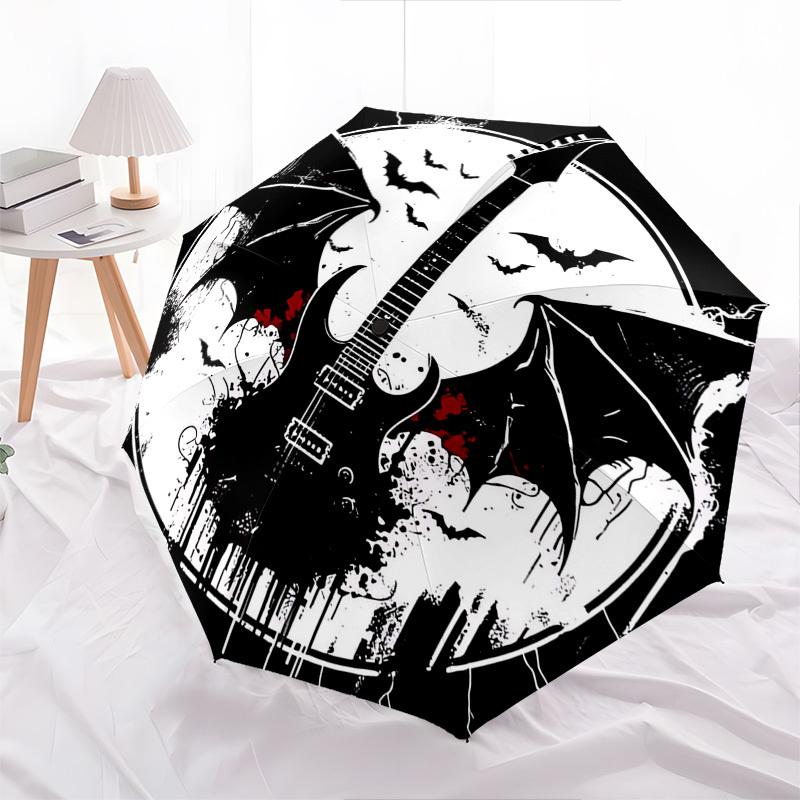 1pc Gothic Guitar Bat Skull Automatic Folding Umbrella, Portable 3-Fold Design, 8-Bone Iron Frame Outdoor Umbrella, Unique Gift for Fans, Travelers, E