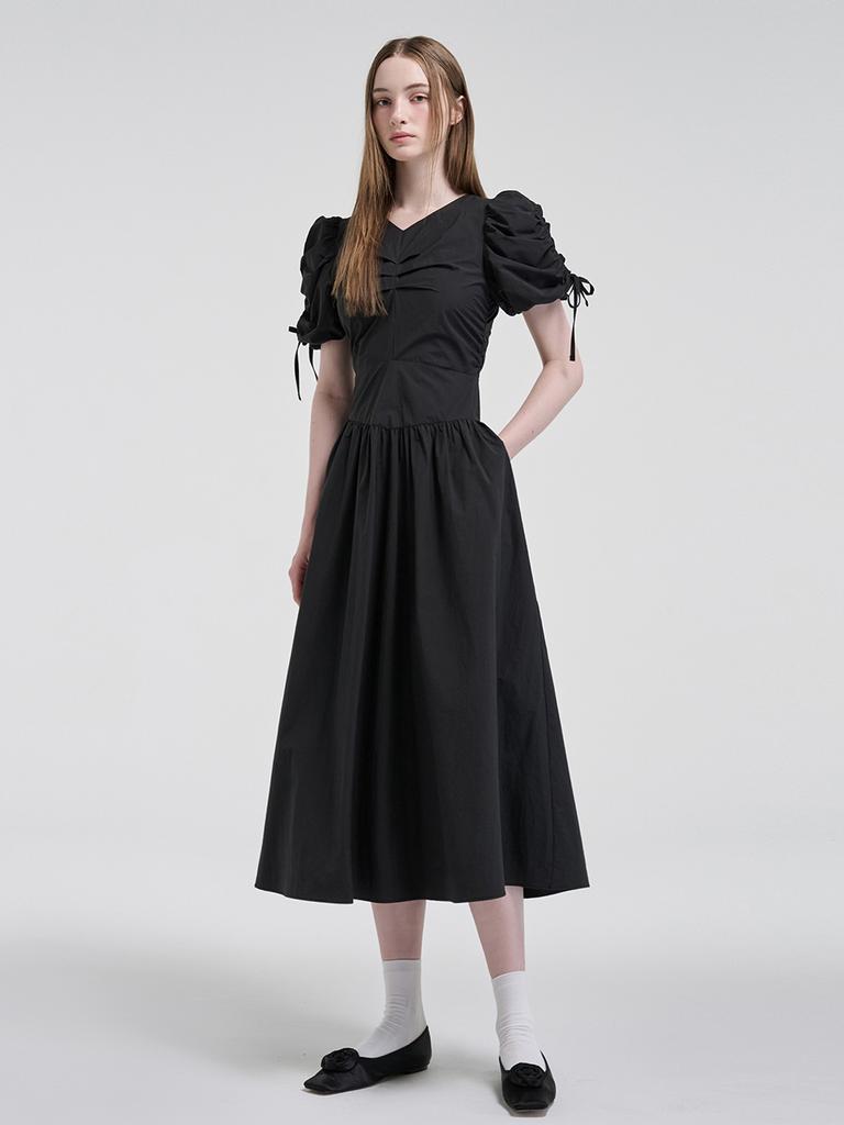 ETMON Front Tuck Shirring Dress, Black