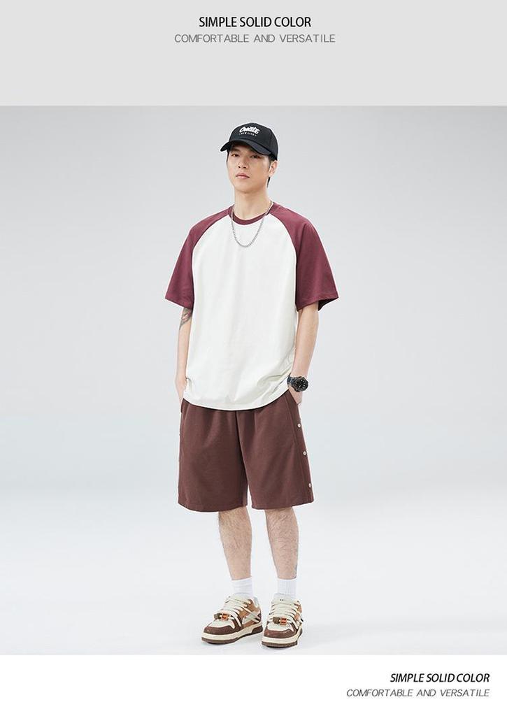250G Men's Summer Trendy Color Block Raglan Tee - Heavyweight Pure Cotton, Loose Fit, Short Sleeve