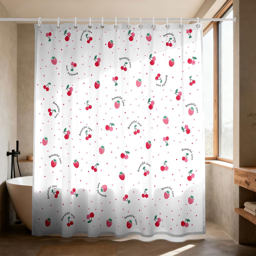 1 Piece Pink Cherry Bow Printed Waterproof Bathroom Partition Privacy Shower Curtain, 12 Hooks, Multiple Sizes, Machine Washable