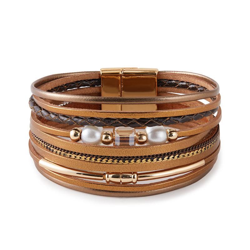 

Браслет в стиле бохо-ретро для женщин, многослойный, плетеный вручную, кожаный браслет с магнитной пряжкой, ювелирный аксессуар