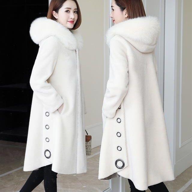 Granular Sheep Shearing Coat Women's Medium and Long Winter Imitation Fox Fur Hooded Integrated Imitation Fur Coat