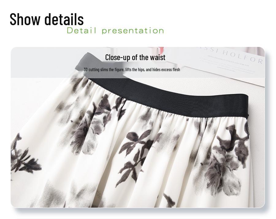 Women's Floral Print Pleated French Chiffon Midi Skirt - Spring/Summer 2025 High-Waist A-Line Design