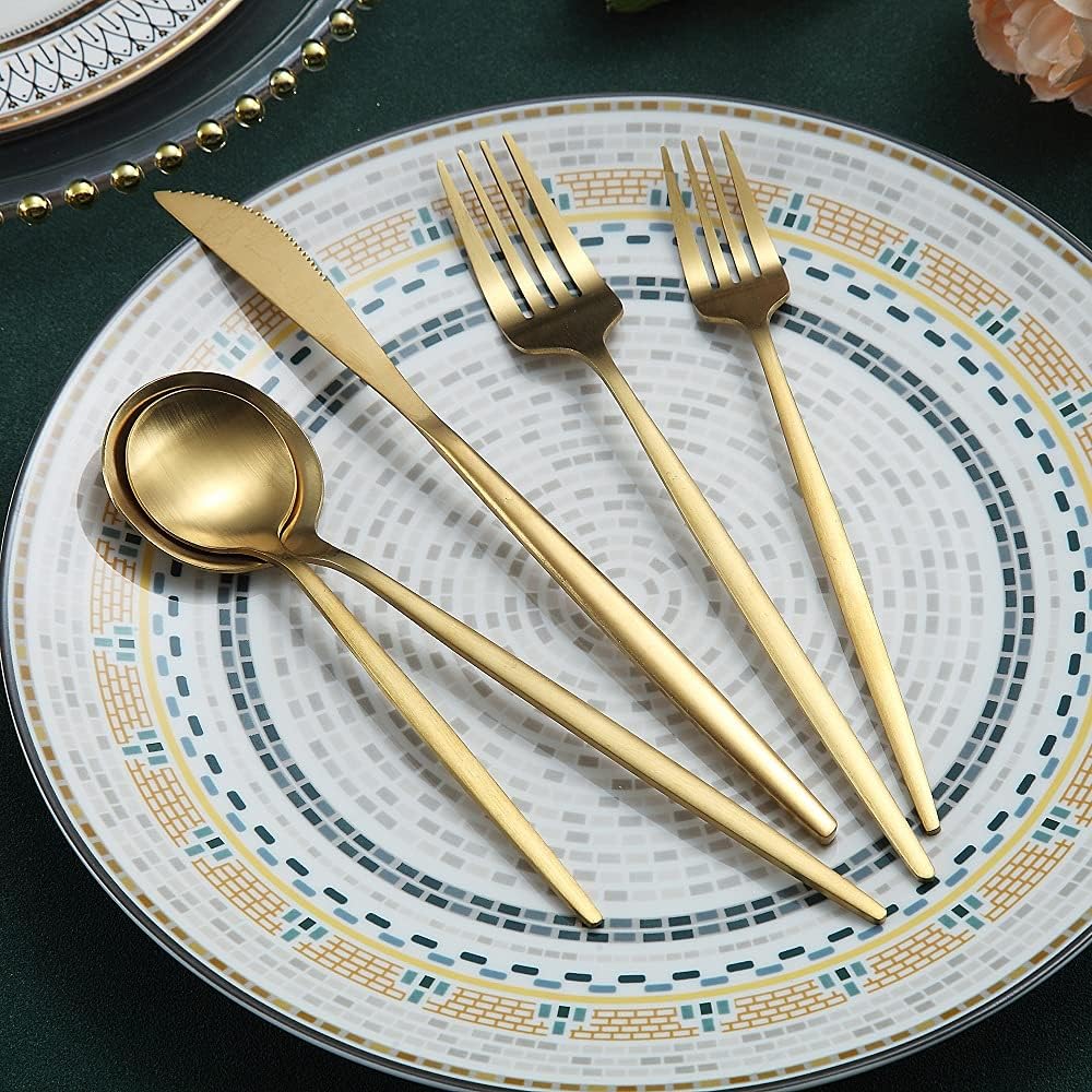 Matte Gold Silverware Set 20 Pieces, Stainless Steel Golden Flatware Set, Titanium Plating Cutlery Set, Matte Gold Utensil Sets, Service Set for 4