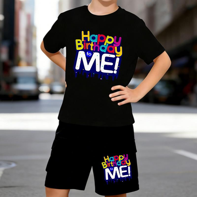 

Boys 2 Piece Birthday themed printed outfit, Short Sleeve T-Shirt and Shorts Set for Kids Age 5-14,White,Black Sporty Casual Summer Clothes 5-6 Years чёрный