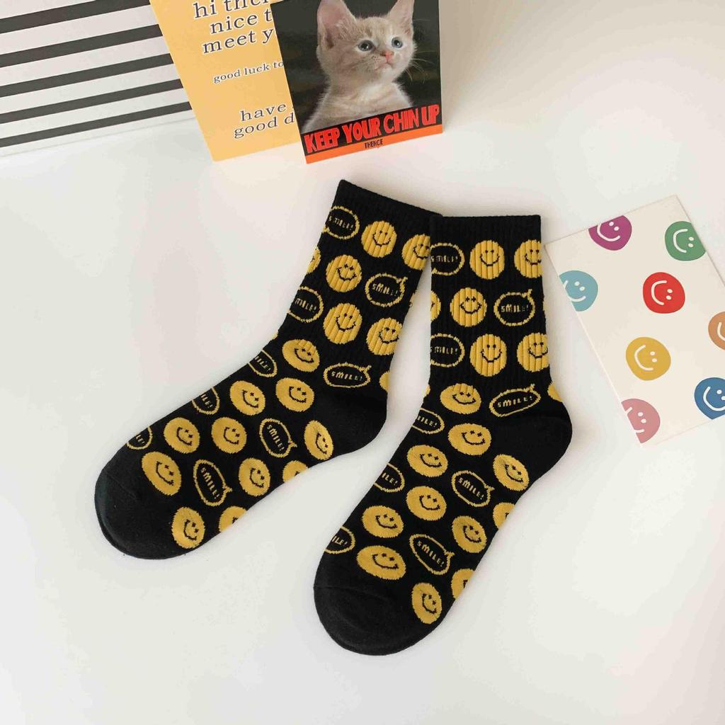 Korean Smiley Face Women's Mid-Calf Socks, Cute Japanese Style, Internet Trend, Pure Cotton for Spring, Autumn, Winter