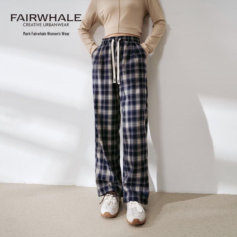 Mark Fairwhale Women's High-Waist Plaid Wide-Leg Casual Pants