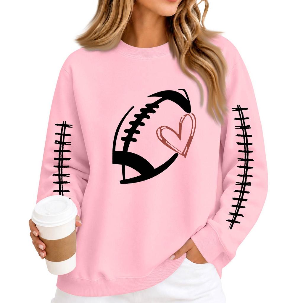 Women's Long Sleeve Round Neck Sweatshirt with Football Heart Both Sleeves, Trendy Casual Pullover