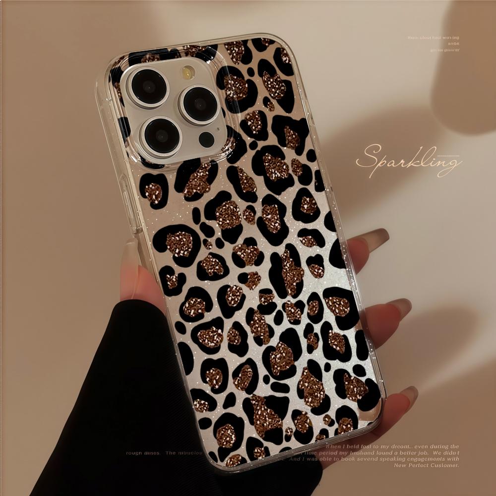 Fashion Leopard Print Silicone Bling Glitter Phone Case For iPhone 17 11 12 13 Plus 14 15 16 Pro Max Shockproof Clear Soft Cover