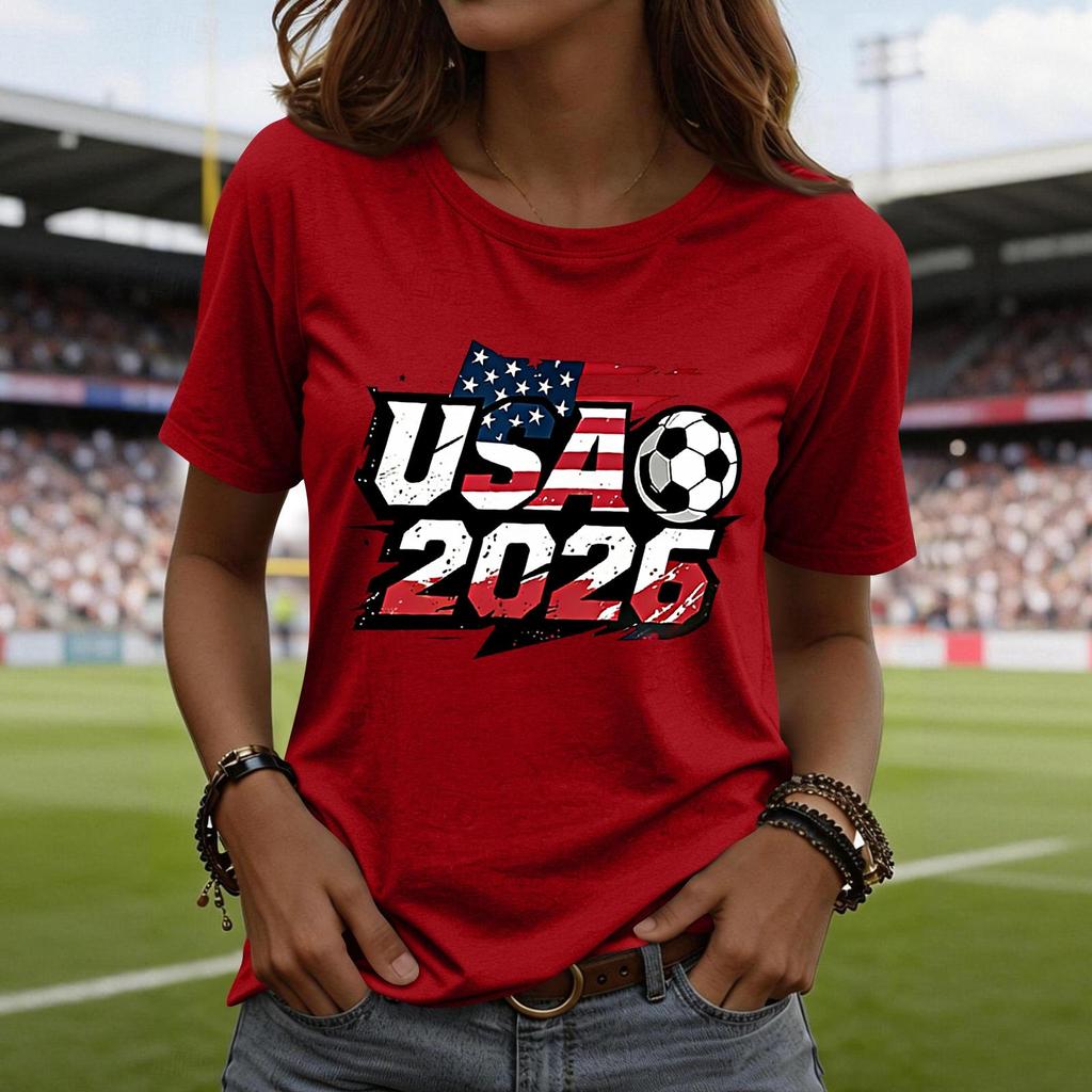 Women’s Short Sleeve Crewneck T Shirt with USA 2026 Graphic Print Soccer Ball Casual Loose Fit Top Tee