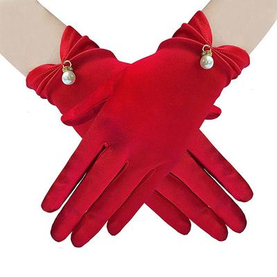 Damen Sonnenschutz Anti-UV Elastische Dünne Fäustlinge Satin Perlenanhänger Kurze Handschuhe KTB