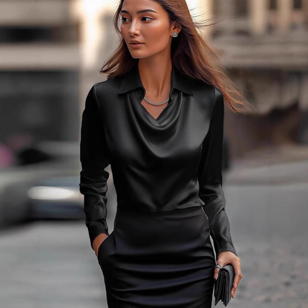 Ladies Spring Autumn Casual Lapel Long Sleeve Solid Color Satin Pullover T Shirt Top