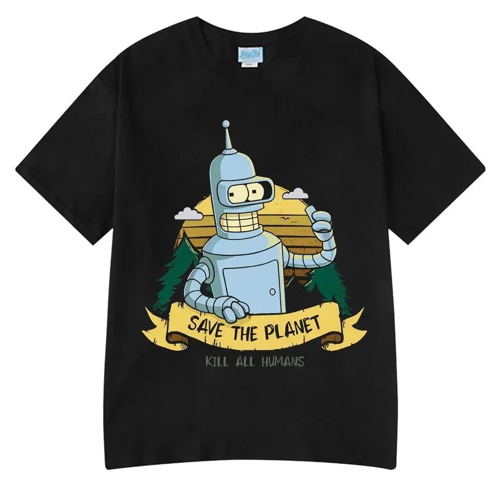 Nuevas Camisetas Divertidas de Moda Caliente Salva el Planeta Mata a Todos los Humanos Estampado de Robot para Hombre y Mujer Manga Corta Algodón Oversize