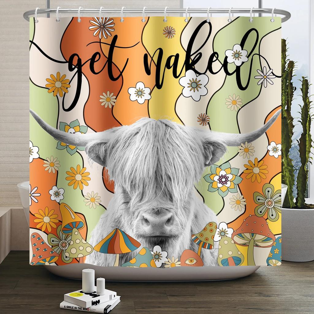 70s Retro Rainbow Shower Curtain Hippy Funky Cartoon Mushroom Floral Bathroom Curtain Polyester Waterproof Fabric Bathtub Screen