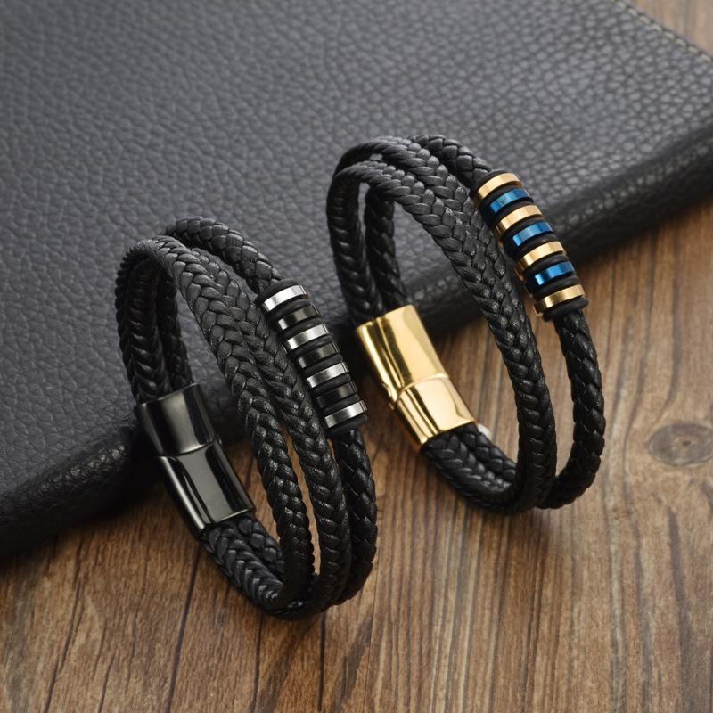 Hot Selling Gold-plated Stainless Steel Black Leather Bracelet, Hand Woven Magnetic Buckle, Men's Multi-layer Leather Bracelet