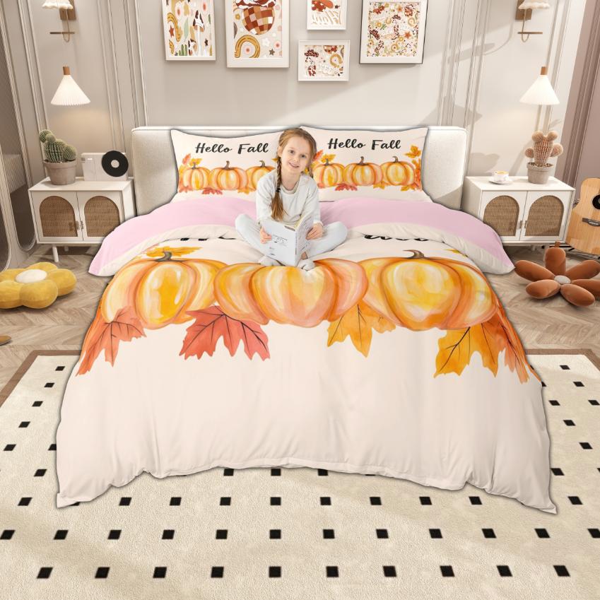 Homewish Watercolor Pumpkin Duvet Cover Set, Hello Fall Bedding Set, Thanksgiving Day Comforter Cover Set