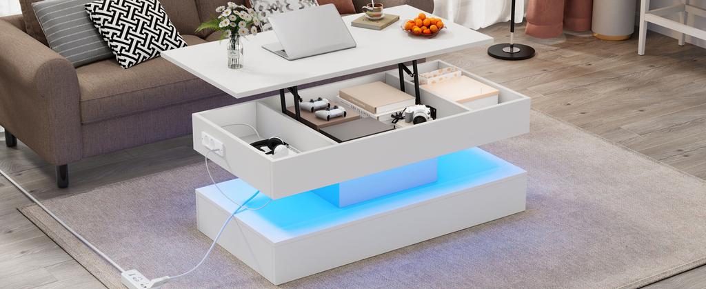 Modern Coffee Table with LED Lighting and Hidden Storage - Side Table with Hydraulic Lift, 100*50*42 cm, 50 kg Load Capacity
