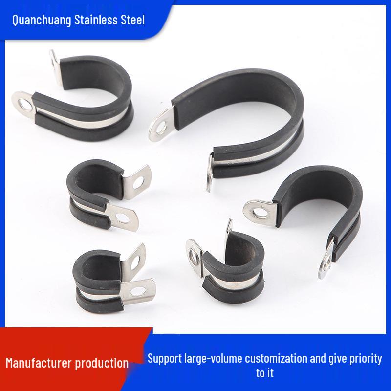 Nerezová ocel 304 R-typ hadicová svorka s pryžovou tlumicí lištou a klipem pro vedení