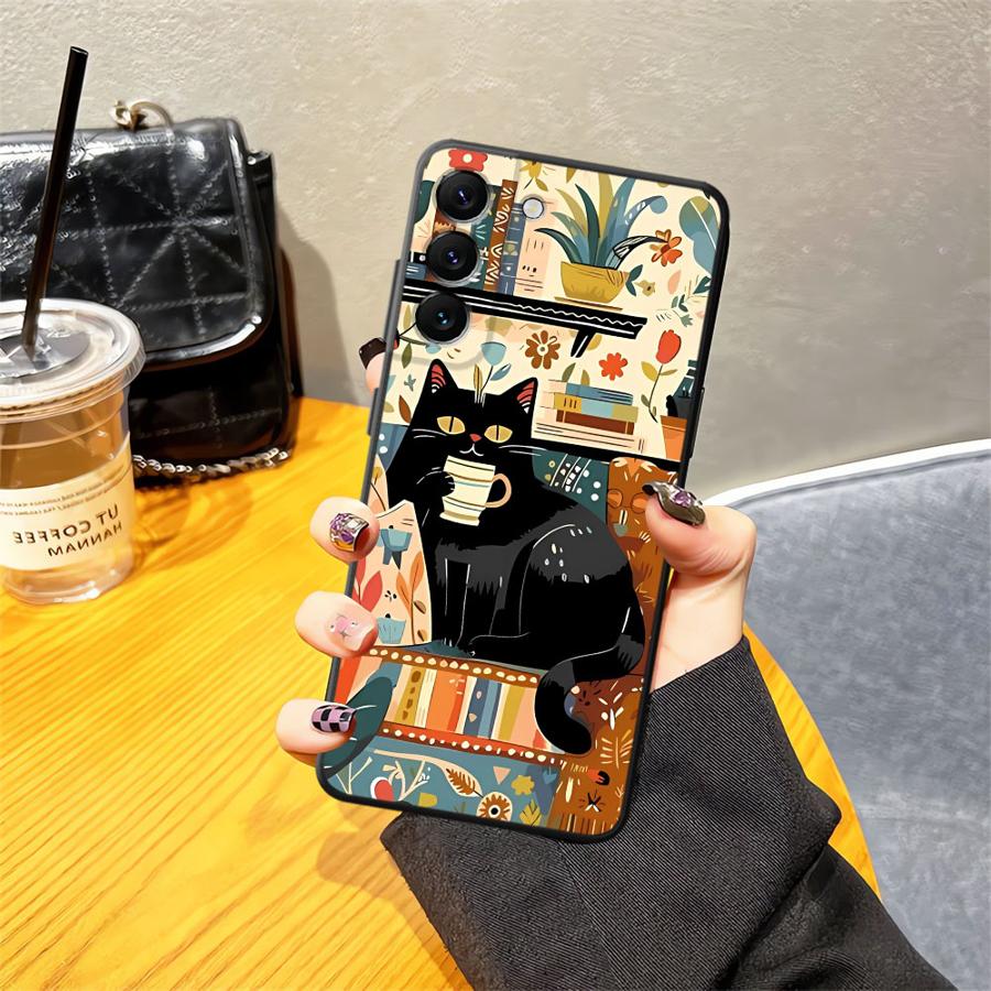 Black Soft Phone Cover Case for Samsung Galaxy A50 A17 A06 A20 A13 A70 A30 A15 A10 A12 A05 A04 A40 A16 Cartoon Cat