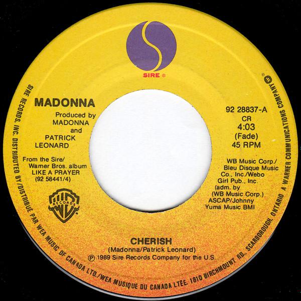 

7inch Record MADONNA Cherish 9228837 Sire Warner Br 1989 Canada Dance Electronica Used