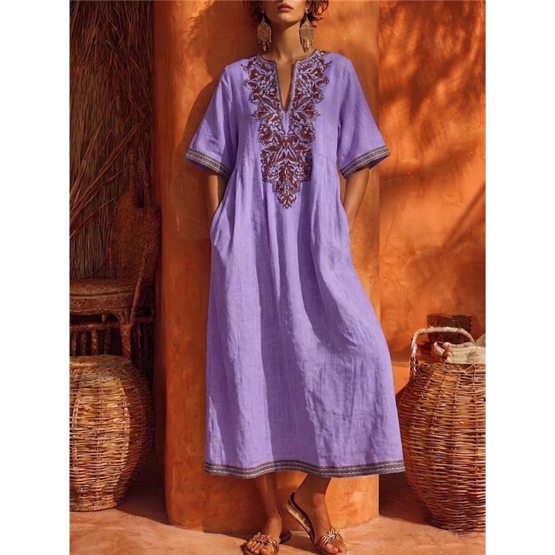 Damen Böhmisches Leinen Midi Kaftan Kleid V-Ausschnitt Stickerei Kurzarm Locker Lässig Strand Überwurf Kleid Mit Taschen