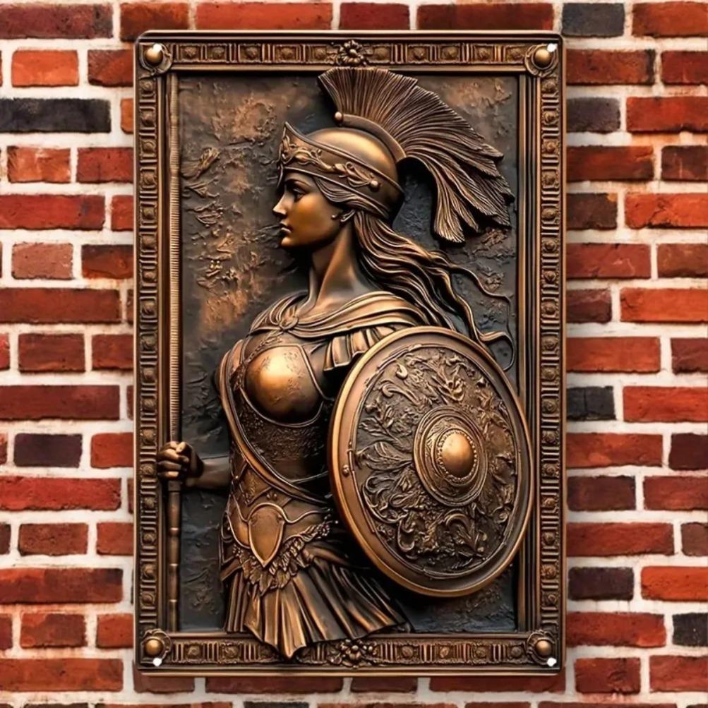 D Flaches Metallschild Retro Griechische Göttin Athene Kriegerin Schild Bronze Relief Wandkunst Haus Garten Dekoration