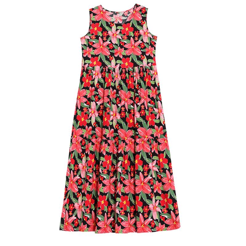 Elegant Sleeveless Dress for Women Plus Size Short Sleeve Vintage Print Long Dress Summer Casual Middle-aged Women's Clothing