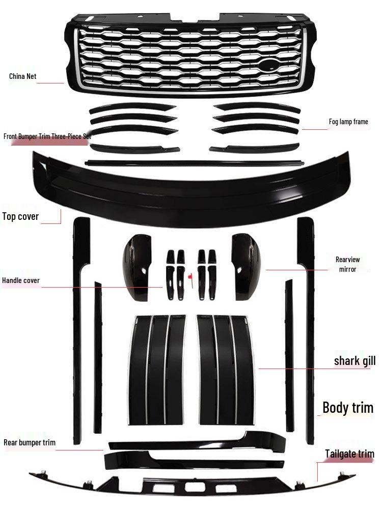 13-18 Range Rover Executive Schwarzes Karosserie-Kit: 22-teiliges Zierleisten-Set mit Gitter, Haifischkiemen & Türgriffen