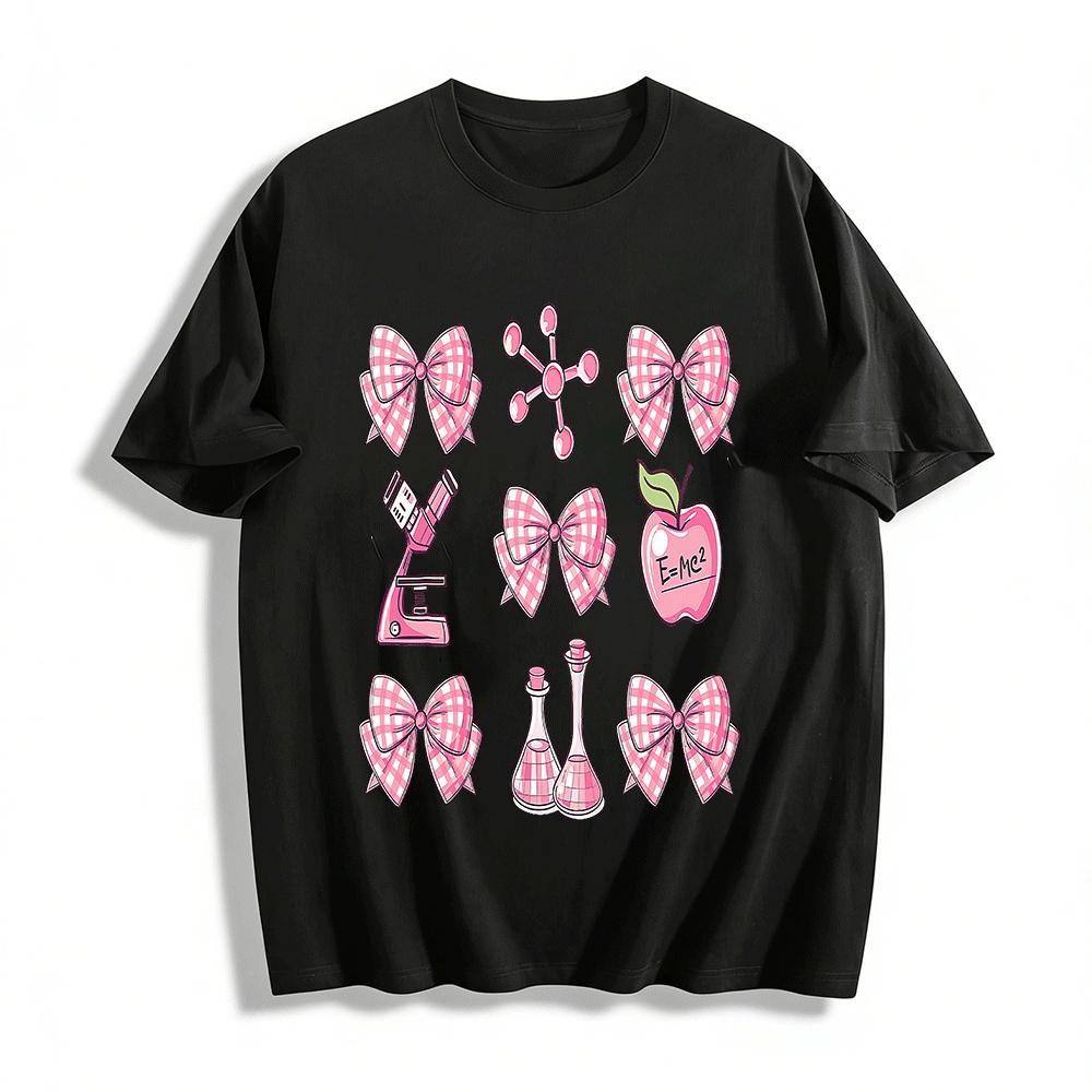 

Pink Plaid Bow Science Element Print Casual Top Pure cotton T-shirt XXS