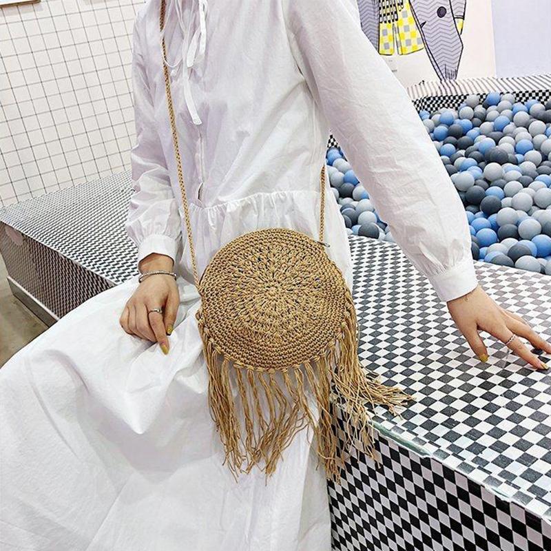 Yogodlns Fashion Round Hand-woven Woman Shoulder Bag Summer Travel Shopping Straw Beach Bags Tassels Female Small Messenger Bag