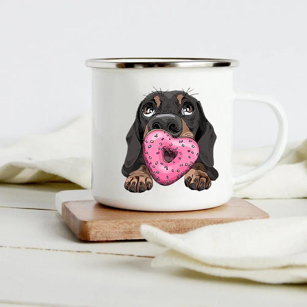Lustiger Dackel-Druck Kreative Emaille-Tasse Kaffee-Weintassen Cartoon-Hunde Pfote Party-Getränk Bier Saft Milch Tassen Geschenke für Liebhaber Hund