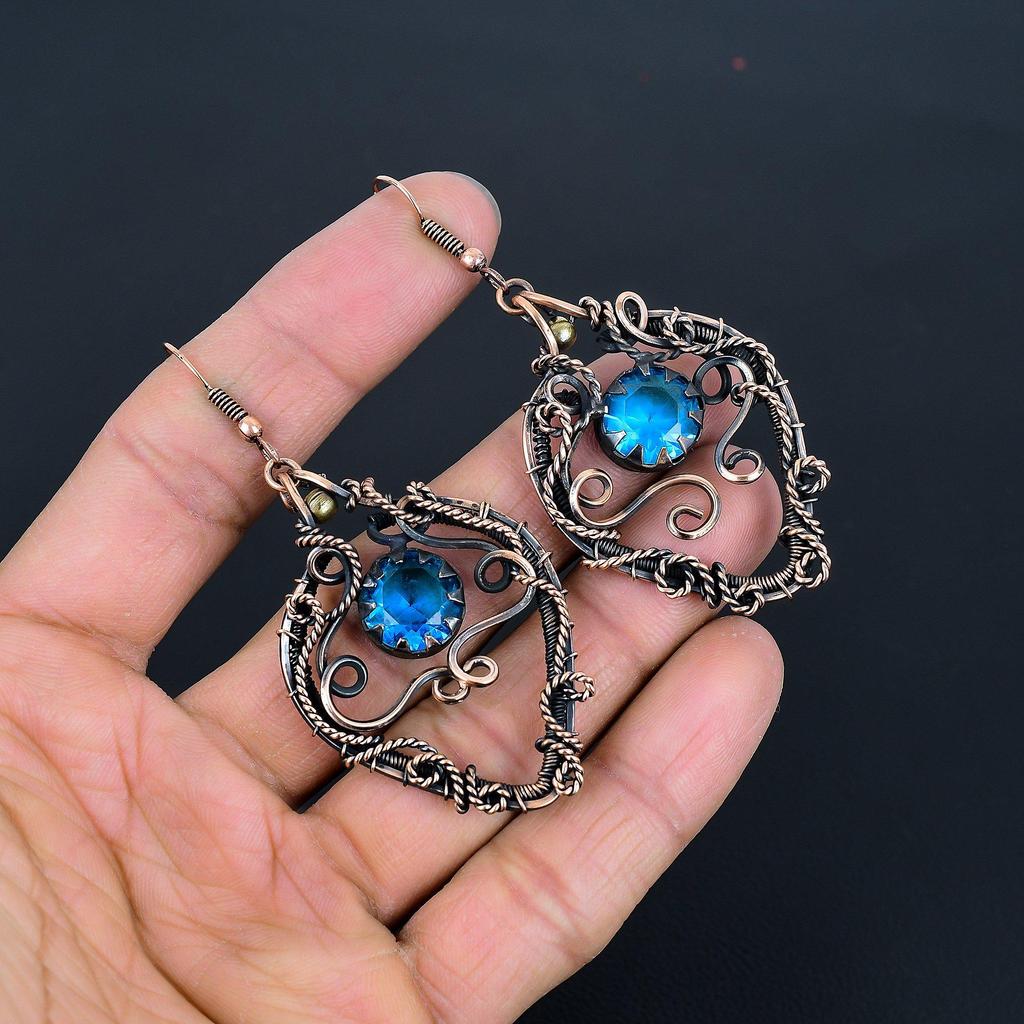 Blue Topaz Earrings, 999 Copper Wire Wrapped Gemstone Jewelry, Handmade Earrings, For Thanksgiving