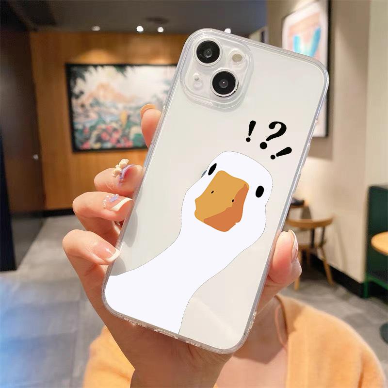 Cute Duck Cartoon Doubt Transparent Phone Case For iPhone 15 14 13 12 mini 11 Pro Max XS X XR SE 7 8 Plus Straight Edge Cover