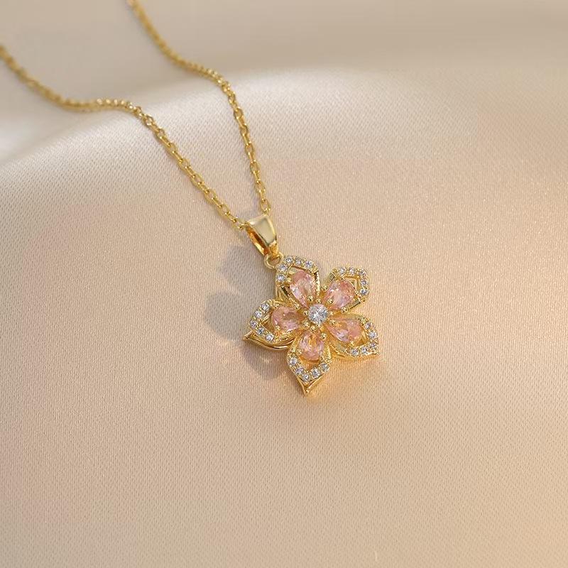 Purple Bauhinia Zirconia Flower 360° Rotatable Necklace for Women – European & American Style, New Five-Petal Design