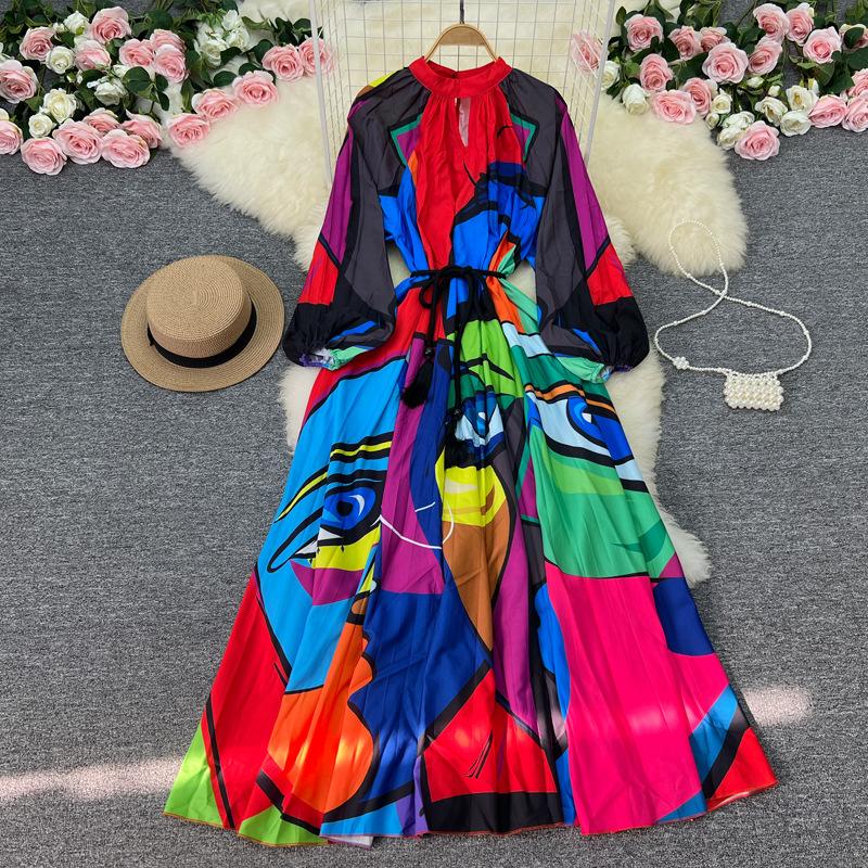 YYFS Γυναικεία Μόδα Άνοιξη Φθινόπωρο με μοτίβο λουλουδιών με μακρυμάνικο λαιμόκοψη Casual φορέματα