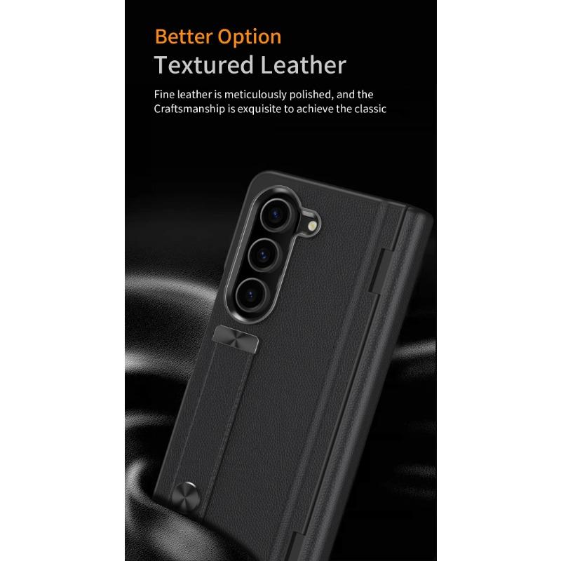 Wriststrap for Samsung Galaxy Z Fold 6 5 4 3 Case Ring Bracket PU Leather Hinge Protective Film Cover Slim Design Finger Ring Buckle