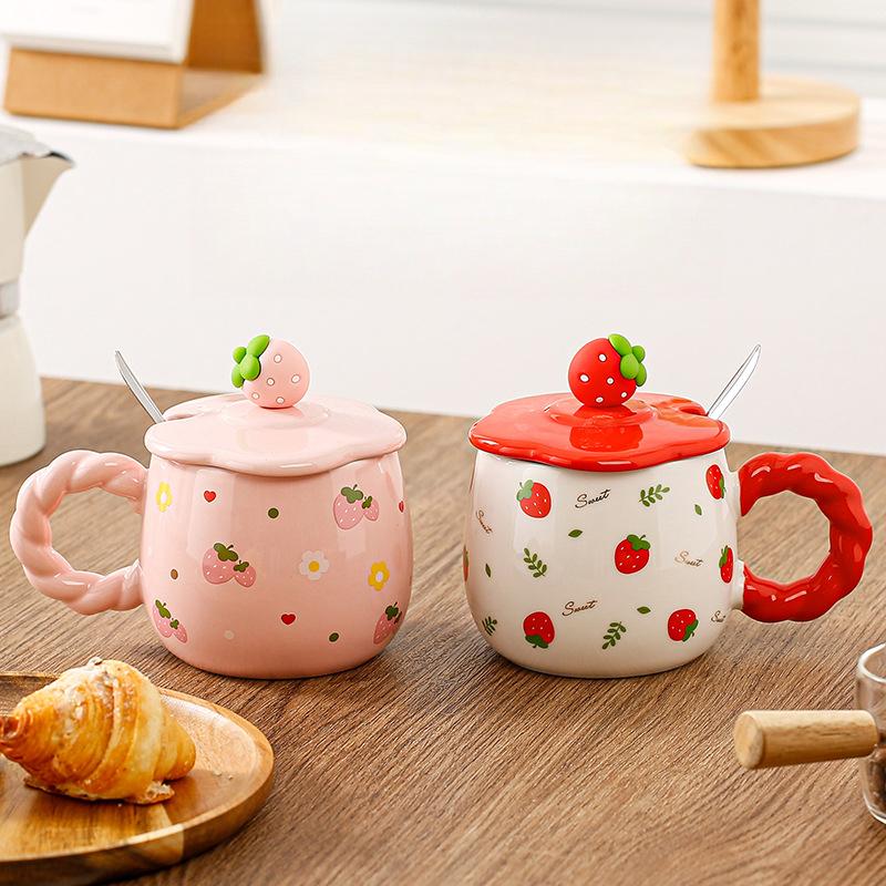 Cană drăguță cu căpșuni, cană ceramică cu fructe și desene animate, cană de apă cu capacitate mare, cană de mic dejun pentru fete, uz casnic