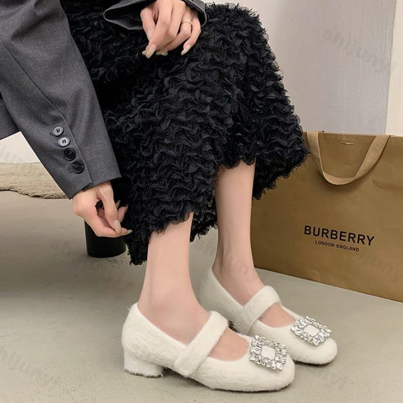 Fashion Women's Elegant Square Head Shallow Mouth Hairy Single Shoes 2025 Autumn Warm Comfortable Versatile Plush Mary Jane Cotton Shoes