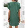 Women's V-Neck Solid Color Pullover Dress, Comfortable Casual Button-Down Midi Dress ,Casual V-Neck Solid Dress, Soft Pullover Style Button Dress
