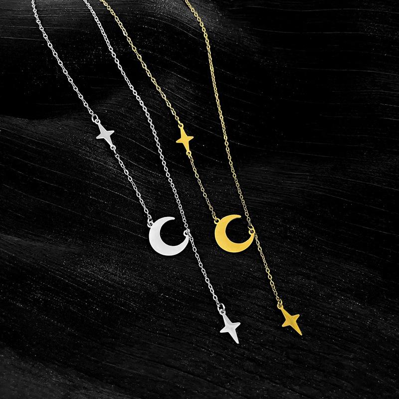 Titanium Steel Star & Moon Tassel Necklace - Minimalist Gold Clavicle Chain for Women