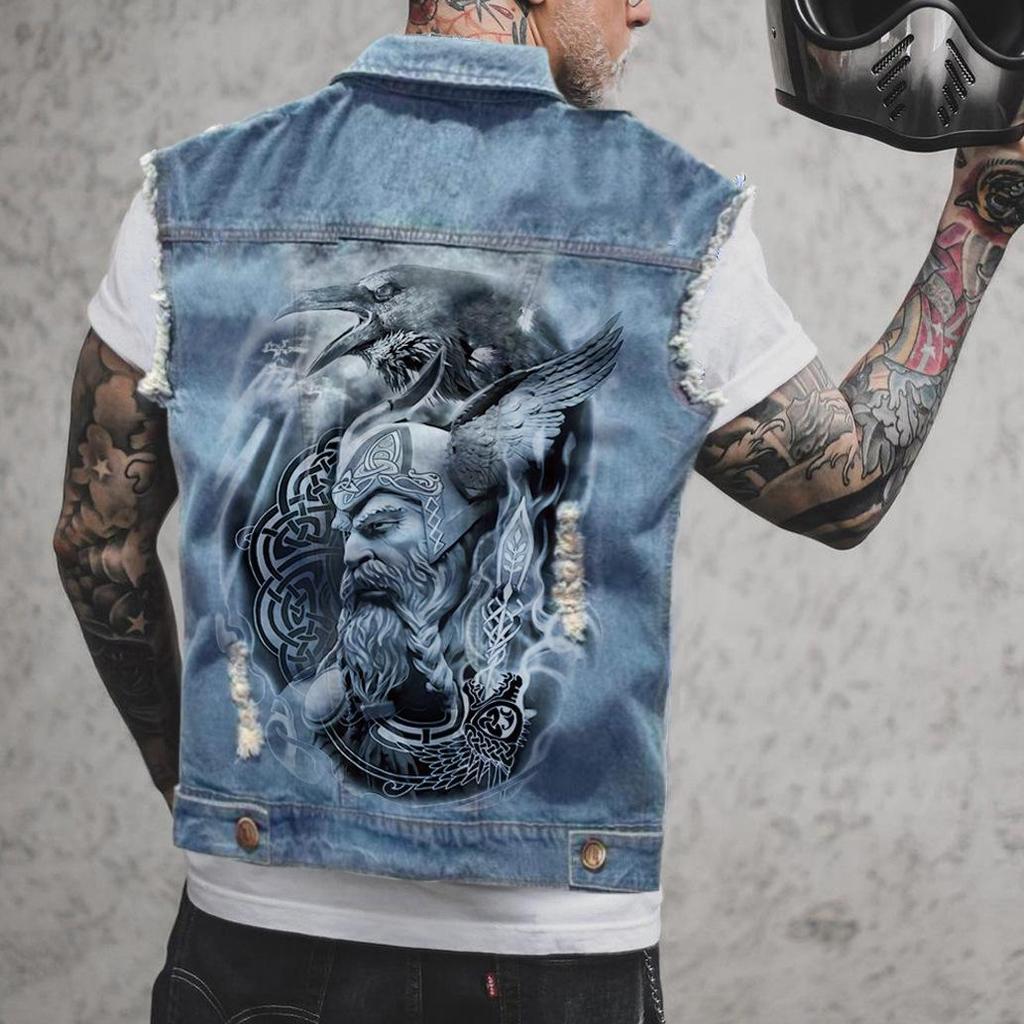 2578 * Herrevest Med Huller I Sæsonbestemt Motorcykel Denim Printet Vest