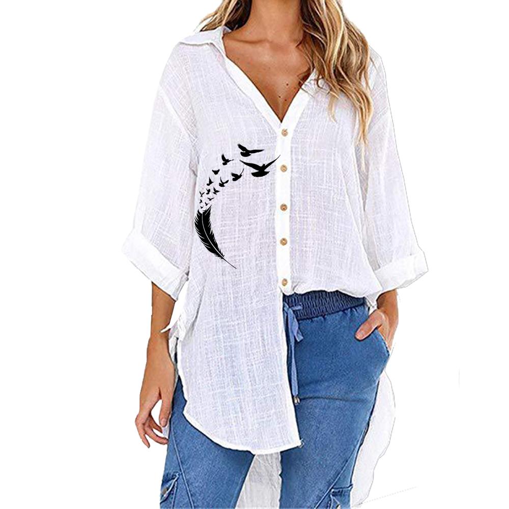 

Женская модная футболка с v-образным вырезом и половиной рукава, летняя и осенняя повседневная однотонная рубашка на пуговицах, свободные длинные блузки S белый