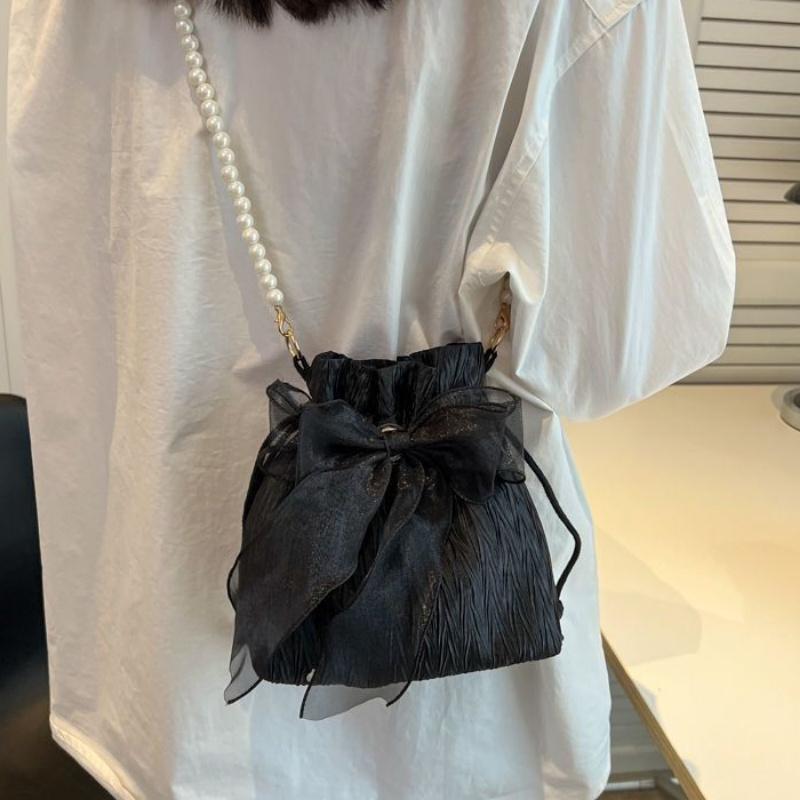 Chic Bowknot Canvas Crossbody Bag with Faux Pearl Chain Versatile & Stylish Bucket Shoulder Purse for Women