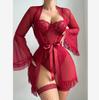 Sexy Lace Valentine's Day Lingerie Set: See-Through Suspender Dress with Tie-Up Outer Robe