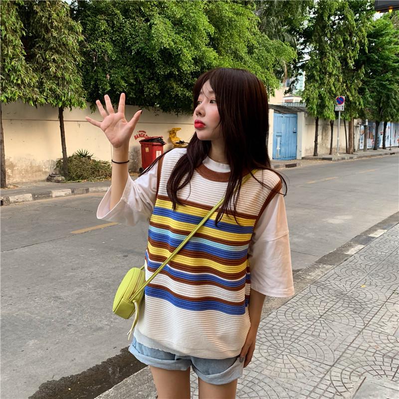 Korean Style Summer Striped Sleeveless Ice Silk Vest for Women
