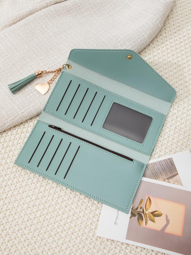 Simple and stylish three fold women's wallet PU leather large capacity long wallet tassel pendant solid color wallet card bag