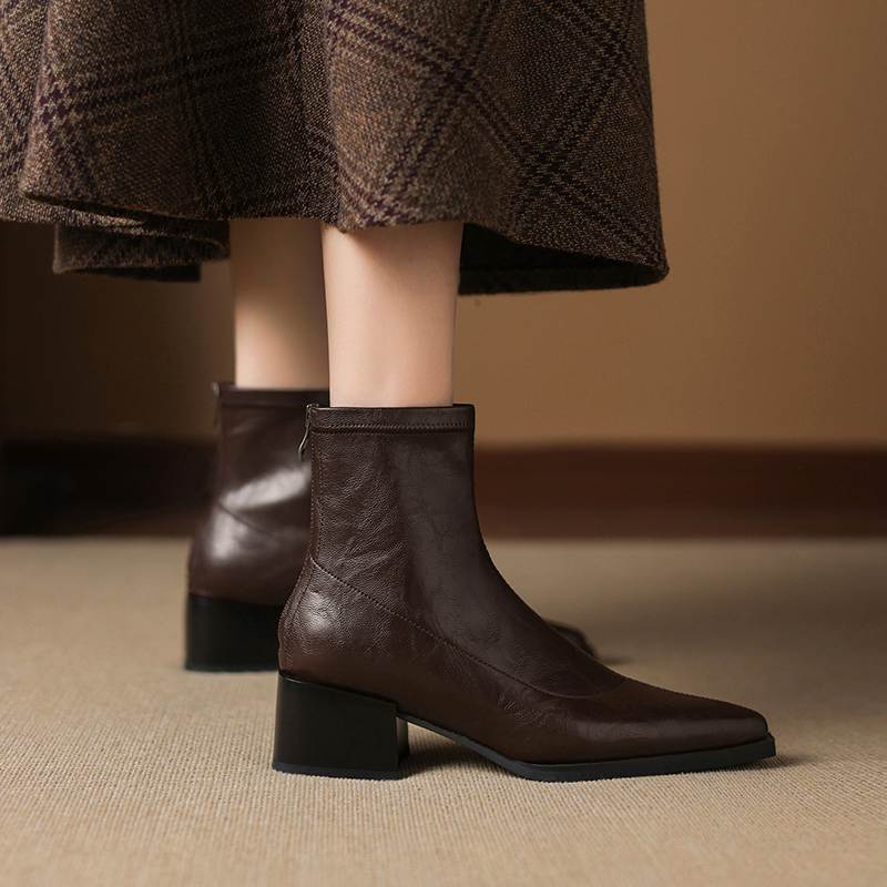 Krazing Pot Microfiber Pointed Toe Thick Heels Chelsea Boots Size 42 Zip Beauty Lady Women Stretch Ankle Boots