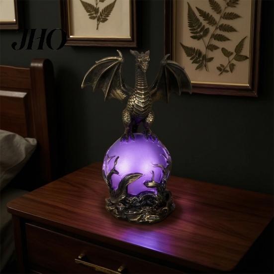 Resin Fantasy Sculpture Dragon Statue with Ball, Dark Style Figurine, USB Powered Desktop Unique Home Lighting Lamp Ornaments, Gift for Men