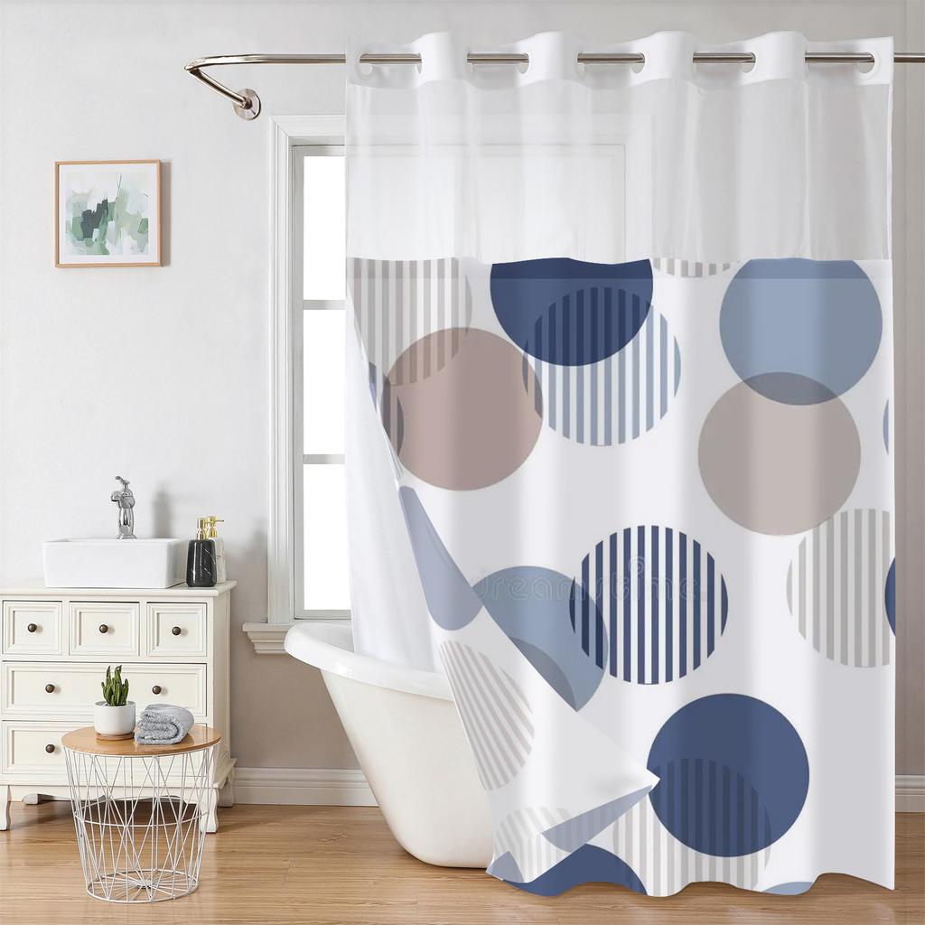 No Hook Geometric  pattern Shower Curtain With Snap-in Fabric Liner, Sheer Top Window, Waterproof Double Layer Bathtub curtain