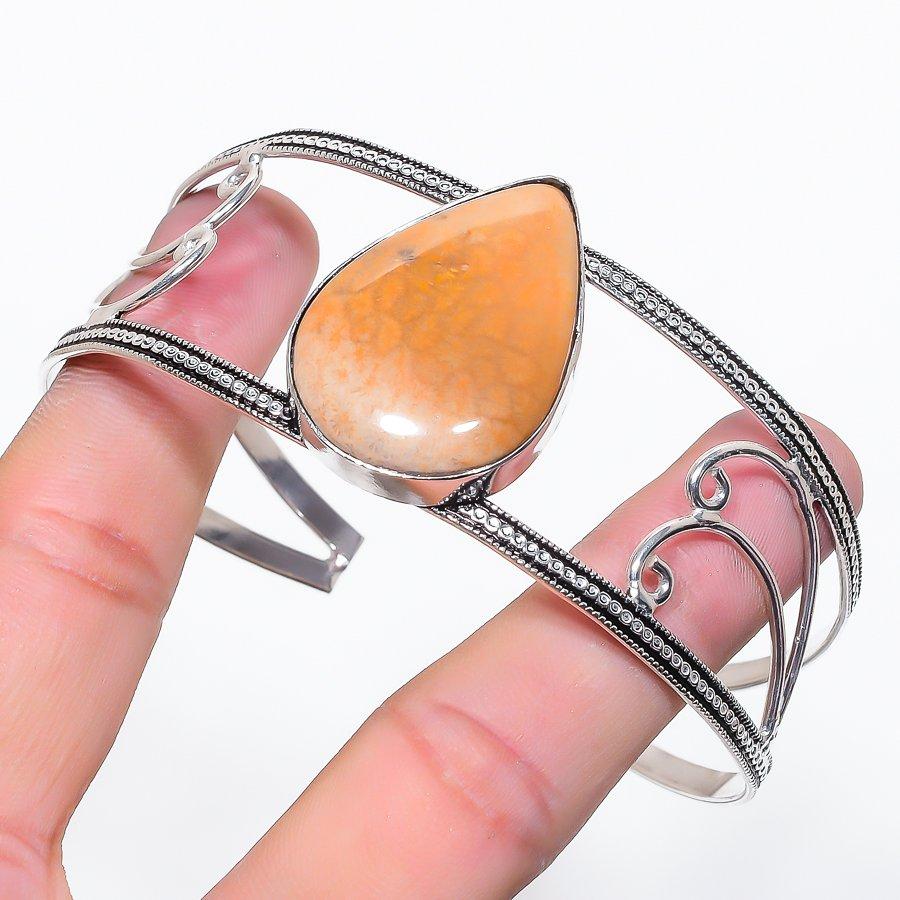 

Natural Fossil Coral Gemstone 925 Sterling Silver Cuff Bangle Adjustable f4b17